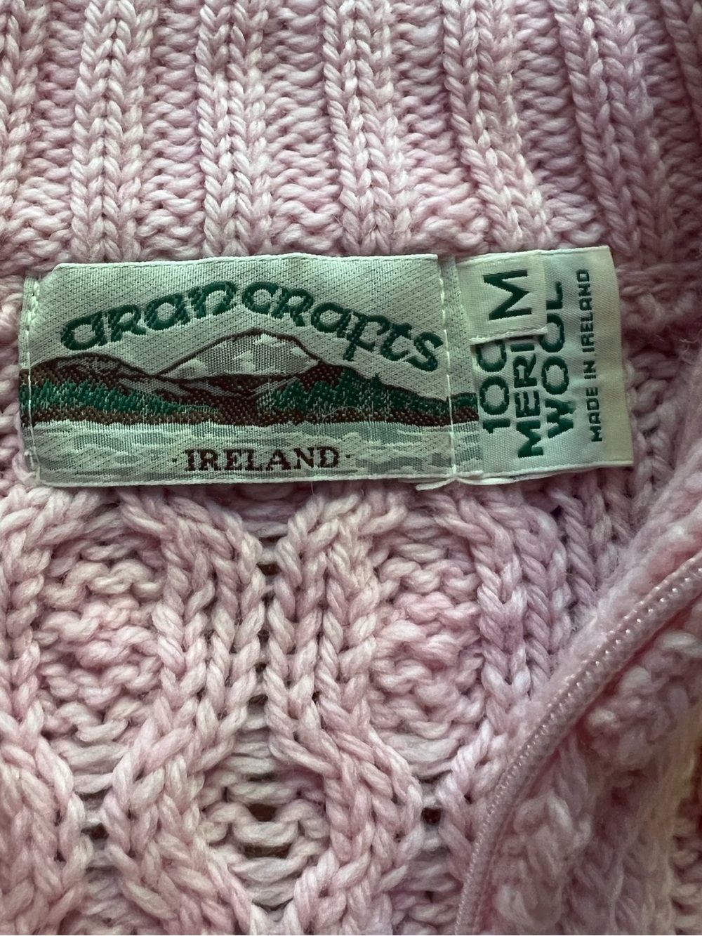 Aran Crafts Pink Merino Wool Quarter Zip Cable Knit Sweater M - Picture 10 of 10